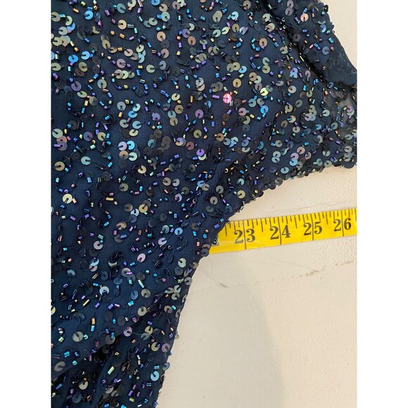 Jkara Formal Maxi Dress Navy Blue Heavily Sequined Chiffon Gown Size 10 - Picture 6 of 9